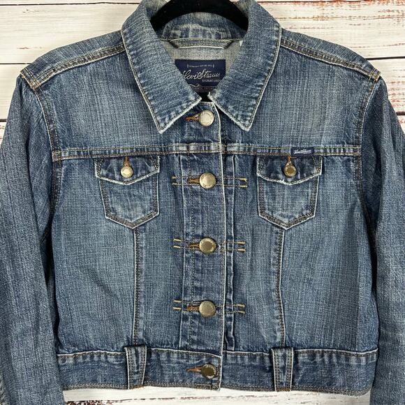 Womens Levi Strauss Y2K Medium Wash Crop Denim Jean Jacket Cotton Casual Sz XL - Picture 2 of 7